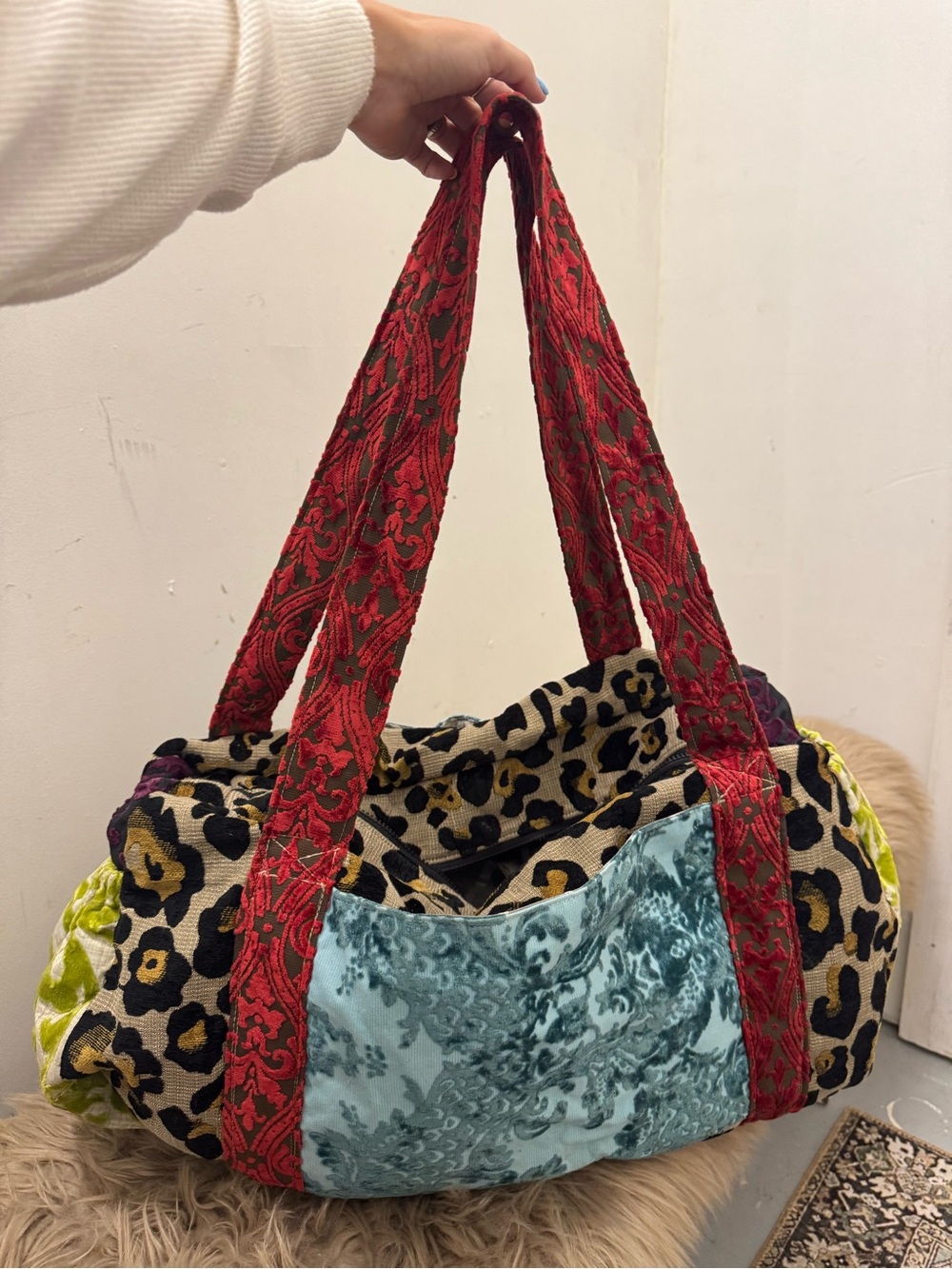 Miss Margo Designs Boho Patchwork Leopard Tote Bag with Red Jacquard Straps